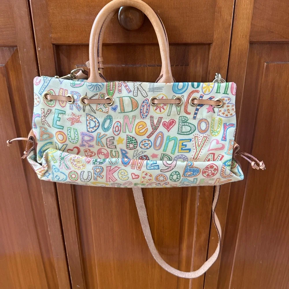VTG Dooney & Bourke Multicolor Doodle Satchel with Tan Trim - Picture 9 of 10